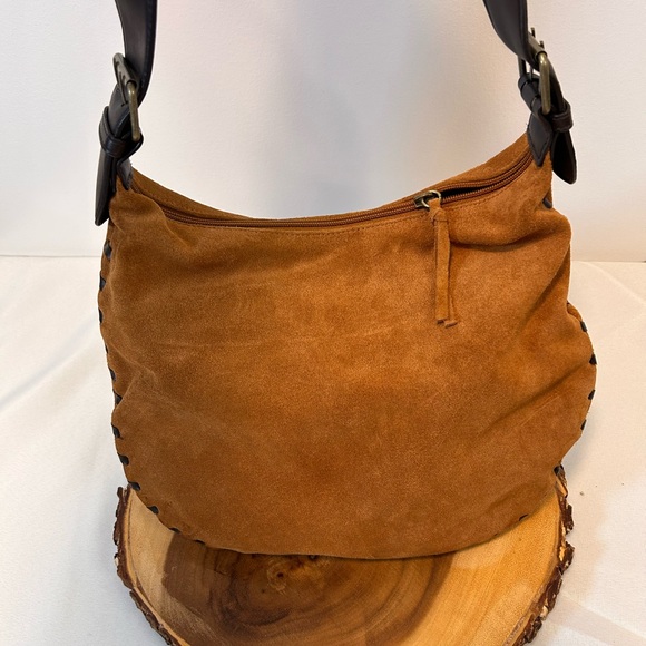 Bisou Bisou Michele Bohbot genuine tan suede small shoulder purse with leaves - Picture 4 of 16
